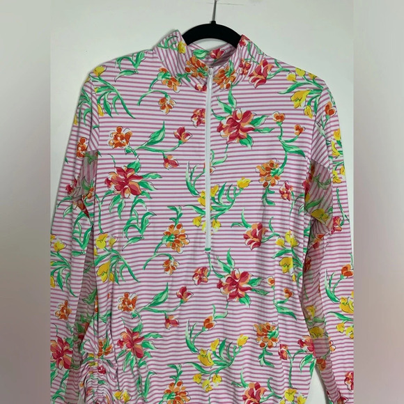 IBKUL Womens Top Large 1/4 Zip UPF Long Sleeve Pink Floral Mesh Golf Pickleball - Picture 6 of 14